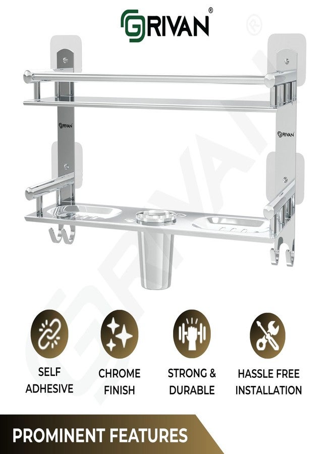 GRIVAN Stainless Steel Self Adhesive 2 Tier Multipurpose Shelf/Shelve/Rack/Organizer/Stand/Holder with Double Soap Dish and Toothbrush Holder Bathroom Accessories - Image 5
